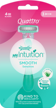 Różowo-turkusowa maszynka Wilkinson Intuition Quattro Smooth Sensitive z 4 ostrzami w opakowaniu, widok z przodu.