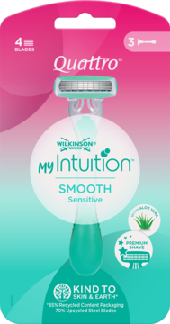 Różowo-turkusowa maszynka Wilkinson Intuition Quattro Smooth Sensitive z 4 ostrzami w opakowaniu, widok z przodu.