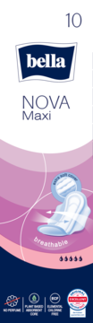 Bella NOVA Maxi 10 oddychających podpasek z osłonkami bocznymi, extra soft, bez perfum, widok z przodu.