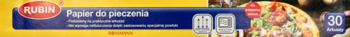 Opakowanie papieru do pieczenia RUBIN, niebieski pas, czerwone logo. Z przodu widoczne "30" i żółte tło.