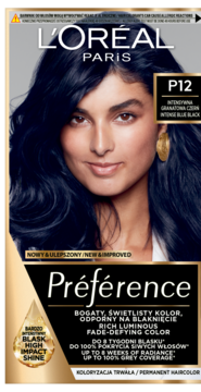 L'Oréal Paris Préférence P12 Intense Blue Black, trwała farba do włosów, przód opakowania z modelem.
