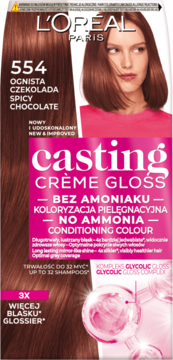 L'Oréal Casting Crème Gloss 554 Spicy Chocolate, koloryzacja bez amoniaku z efektem blasku, widok z przodu.