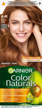Garnier Color Naturals 6.41 Miodowy Bursztyn farba, opakowanie z portretem modelki z rudymi włosami.