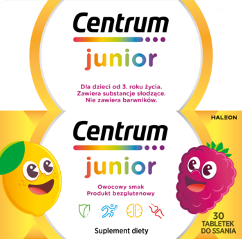 Centrum Junior, suplement diety dla dzieci, opakowanie z cytryną i maliną, 30 owocowych tabletek do ssania.