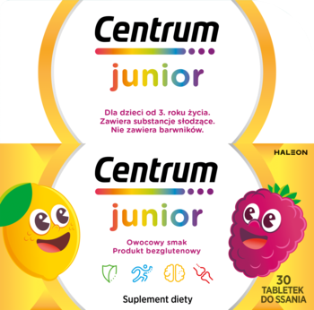 Centrum Junior, suplement diety dla dzieci, opakowanie z cytryną i maliną, 30 owocowych tabletek do ssania.