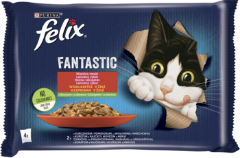 Granatowa saszetka Felix Fantastic dla kota, z kreskówkowym kotem i widoczną miską karmy.