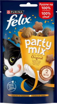 Felix Party Mix Original, przekąski dla kota w niebieskiej paczce, kot liże pyszczek, smaki kurczak, wątróbka i indyk.