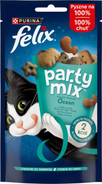PURINA FELIX Party Mix Ocean Mix,karma uzupełniająca dla dorosłych kotów, o smaku łososia morskiego i pstrąga,przód