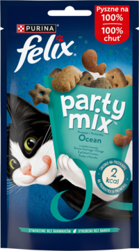 Przysmaki Felix Party Mix Ocean dla kota, granatowa paczka z kotem i wysypującymi się rybkami.