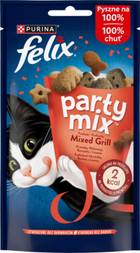 Felix Party Mix Mixed Grill, granatowa torebka smakołyków dla kota z kotem i kibble, widok z przodu.