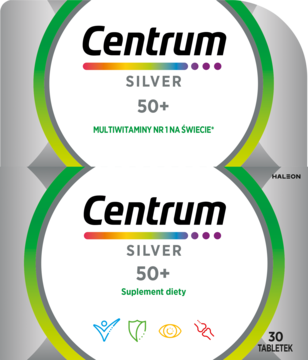 Centrum Silver 50+ suplement diety, opakowanie 30 tabletek, widok z przodu, szaro-zielone tło z podwójnym logo.