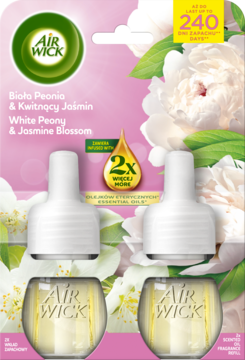 Frontalny widok Air Wick: 2 wkłady do odświeżacza, zapach Biała Peonia & Kwitnący Jaśmin. Różowe, kwieciste tło.