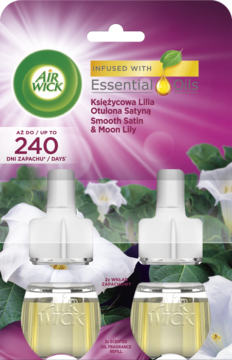 Air Wick, 2 wkłady do elektrycznego odświeżacza powietrza, zapach Księżycowa Lilia, na purpurowym tle z liliami.