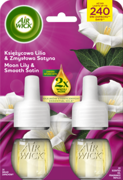 Air Wick Księżycowa Lilia & Zmysłowa Satyna, 2-pak wkładów, różowe opakowanie z liliami, widok z przodu.