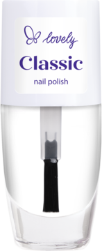 Lakier Lovely Classic, odcień 20, w przezroczystej butelce z białym wieczkiem, ciemnofioletowy, widok z przodu.
