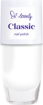 Biały lakier do paznokci Lovely Classic w szklanej butelce, widok z przodu, etykieta na zakrętce.