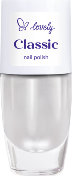 Butelka lakieru do paznokci Lovely Classic nr 01, perłowy biały odcień. Na białej etykiecie fioletowy tekst i motyl.