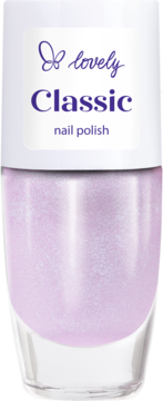 Lakier do paznokci Lovely Classic, jasny liliowy z perłowym połyskiem, butelka z białą nakrętką, widok z przodu.