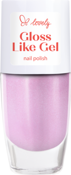 Lakier do paznokci Lovely Gloss Like Gel, jasnoróżowy z brokatem, w butelce z białą nakrętką, widok z przodu.