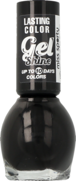 Czarny lakier do paznokci Miss Sporty Gel Shine z nakrętką, napis Lasting Color, widok z przodu.