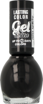 Czarny lakier do paznokci Miss Sporty Gel Shine z nakrętką, napis Lasting Color, widok z przodu.
