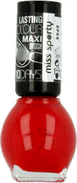Butelka czerwonego lakieru Miss Sporty Lasting Colour Maxi Brush Red Tango, trwałość 10 dni, widok z przodu.