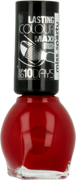 Czerwony lakier Miss Sporty Lasting Colour Maxi Brush Miss Red, trwałość do 10 dni, butelka z czarną nakrętką.