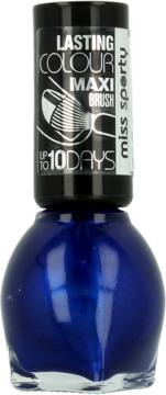 Niebieski metaliczny lakier do paznokci Miss Sporty Lasting Colour Maxi Brush, czarny korek z napisem "Up to 10 Days".