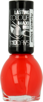 Czerwony lakier do paznokci Miss Sporty Lasting Colour Maxi Brush, odcień 535, z czarną nakrętką, trwałość do 10 dni.