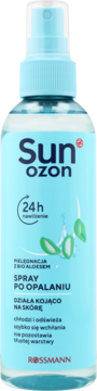 Sun ozon spray po opalaniu z bio aloesem w przezroczystej butelce z niebieską nakrętką, widok z przodu.