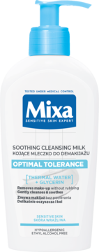 Białe mleczko Mixa Kojące do demakijażu w butelce z niebieską pompką, widok z przodu, do skóry wrażliwej.