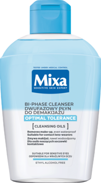 Mixa Bi-Phase Cleanser Optimal Tolerance do wrażliwych oczu, przezroczysta butelka z niebieską nakrętką, widok z przodu.