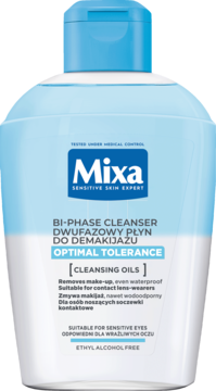 Mixa Bi-Phase Cleanser Optimal Tolerance do wrażliwych oczu, przezroczysta butelka z niebieską nakrętką, widok z przodu.