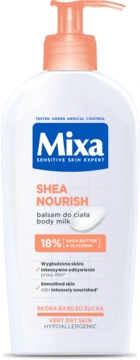 Mixa Shea Nourish balsam do ciała w białej butelce z pompką, widok z przodu. Z masłem shea i gliceryną dla skóry bardzo suchej.
