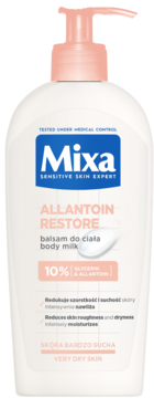Mixa ALLANTOIN RESTORE balsam do ciała do bardzo suchej skóry, biała butelka z różową pompką, widok z przodu.