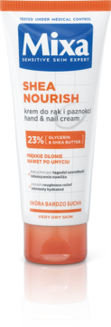 Krem Mixa Shea Nourish do rąk i paznokci, biała tubka z pomarańczową nakrętką, dla bardzo suchej skóry, widok z przodu.