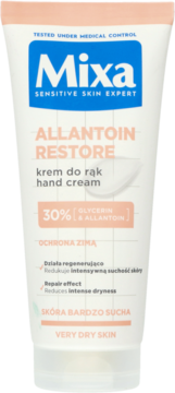 Mixa Allantoin Restore krem do rąk w białej tubce, widok z przodu. Zawiera 30% gliceryny i alantoiny.