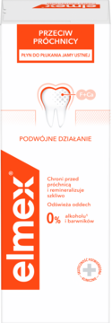 elmex Płyn Przeciw Próchnicy z aminofluorkiem, biało-pomarańczowe opakowanie, widok z przodu.