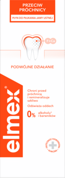 Elmex Płyn do płukania przeciw próchnicy, białe opakowanie z pomarańczowym logo i diagramem zęba, bez alkoholu.