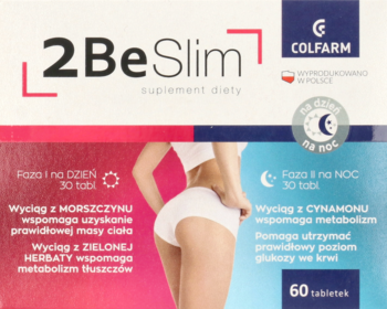 Pudełko suplementu diety 2Be Slim Colfarm, dwufazowe dzień/noc, z sylwetką kobiety i kluczowymi informacjami.