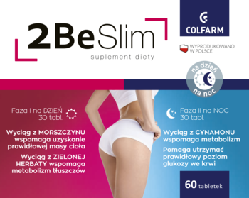 Opakowanie 2BeSlim suplementu diety, różowo-niebieskie, z sylwetką kobiety. Produkt na dzień i noc wspiera odchudzanie.
