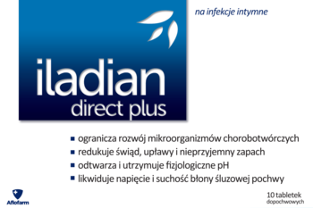 Iladian direct plus, biało-niebieskie opakowanie na infekcje intymne, redukujące świąd i suchość, z przodu.