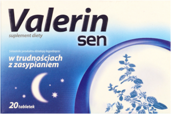 Pudełko Valerin Sen, suplementu na trudności z zasypianiem, biało-niebieskie, widok z przodu, z księżycem i rośliną.