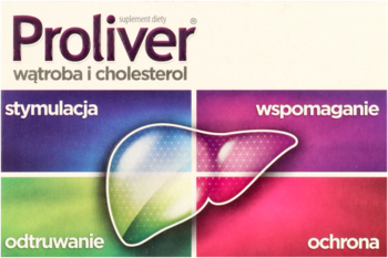 Proliver wątroba i cholesterol suplement diety, opakowanie z czterema polami koloru i grafiką wątroby.