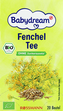 Zielone opakowanie herbatki Babydream Fenchel Tee BIO z ilustracją kopru, bez cukru, widok z przodu.