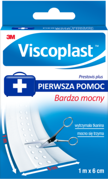 Opakowanie Viscoplast Prestovis Plus, bardzo mocny plaster 1m x 6cm, z nożyczkami na tle białej tkaniny.