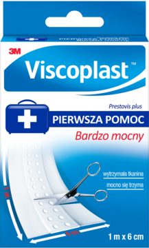 Opakowanie Viscoplast Prestovis Plus, bardzo mocny plaster 1m x 6cm, z nożyczkami na tle białej tkaniny.