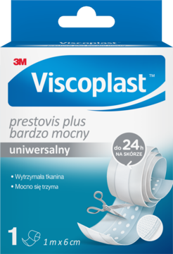 Opakowanie plastra Viscoplast Prestovis Plus bardzo mocny, uniwersalny, z niebieskim tłem i nożyczkami.