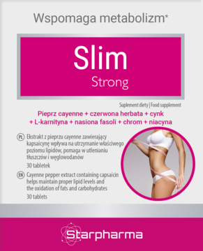 Widok plakatu Slim Strong, suplementu diety. Magenta-szara reklama z tekstem o metabolizmie i sylwetką kobiety.