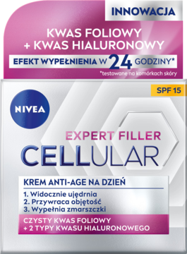 NIVEA CELLULAR Expert Filler krem anti-age na dzień, biało-różowe pudełko z kwasem foliowym i hialuronowym, SPF 15.